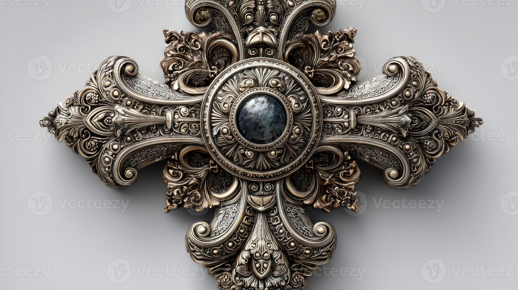 Intricate silver decorative cross featuring ornate designs with a central gemstone on display in an art gallery photo