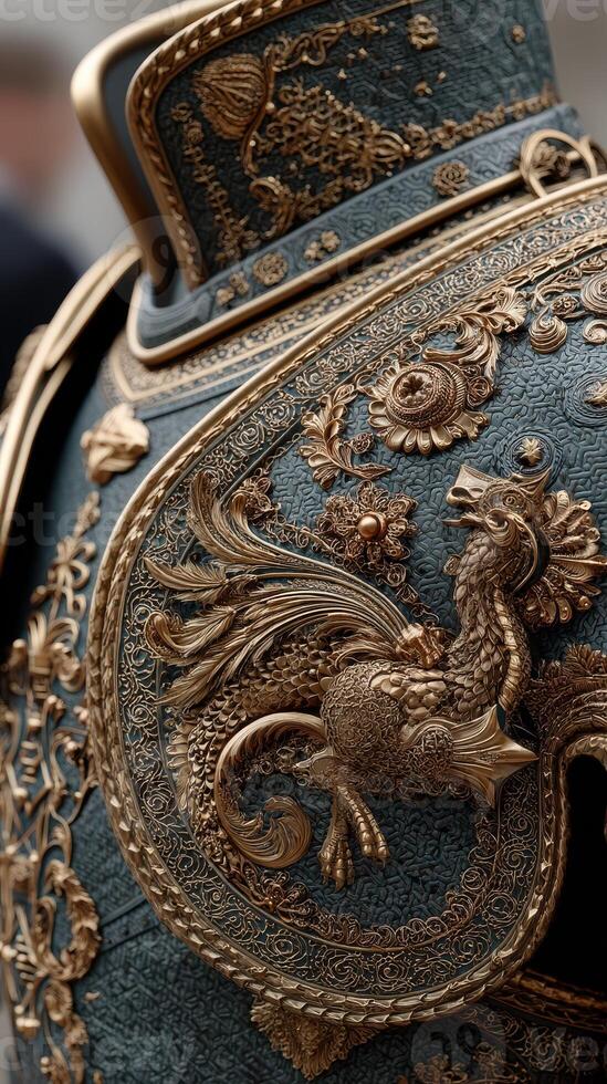 Ornately detailed armor showcasing intricate designs of a dragon and floral patterns at a historical exhibition photo
