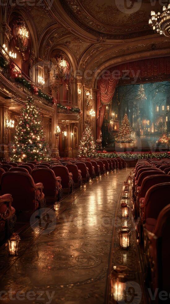Festive interior of a decorated theater showcasing a holiday ambiance with Christmas trees and soft lighting photo
