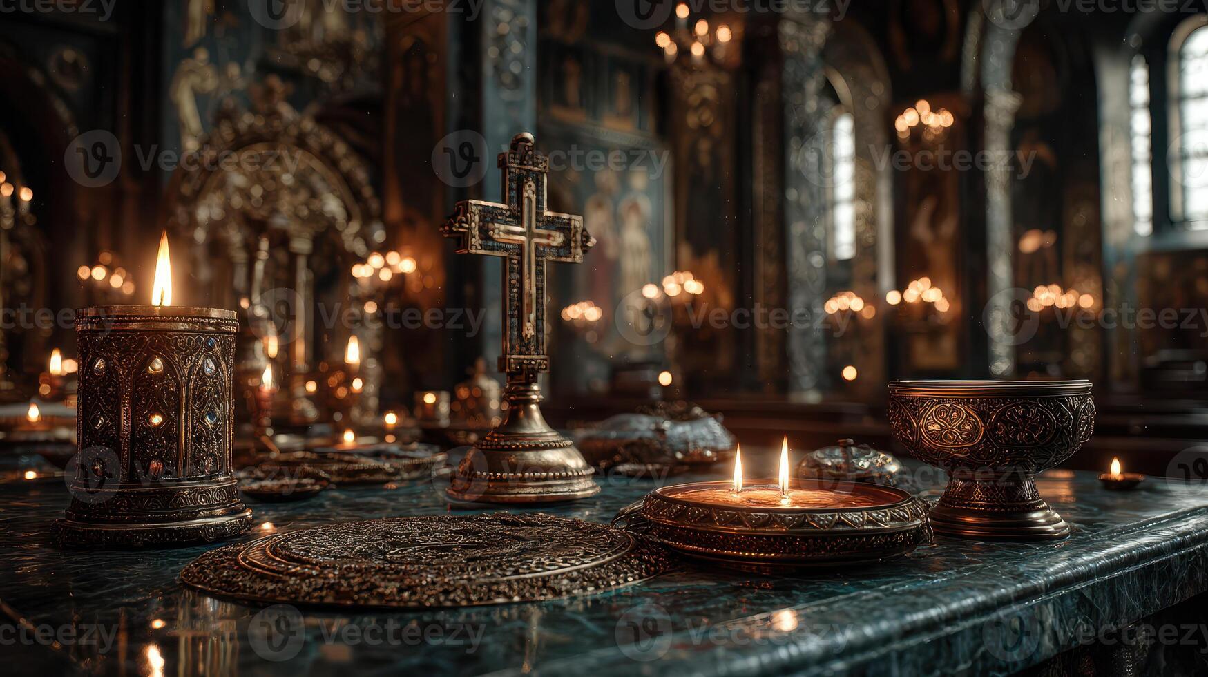 Intricate altar with candles and ornate decorations in an ancient church setting photo