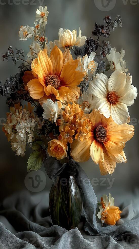Bright and vibrant bouquet of orange and white flowers in a dark vase on a soft fabric backdrop photo