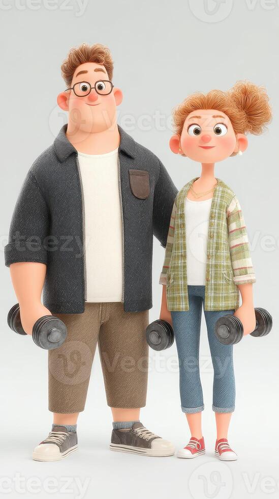 Friendly couple lifting weights in a modern fitness setting with a playful atmosphere photo