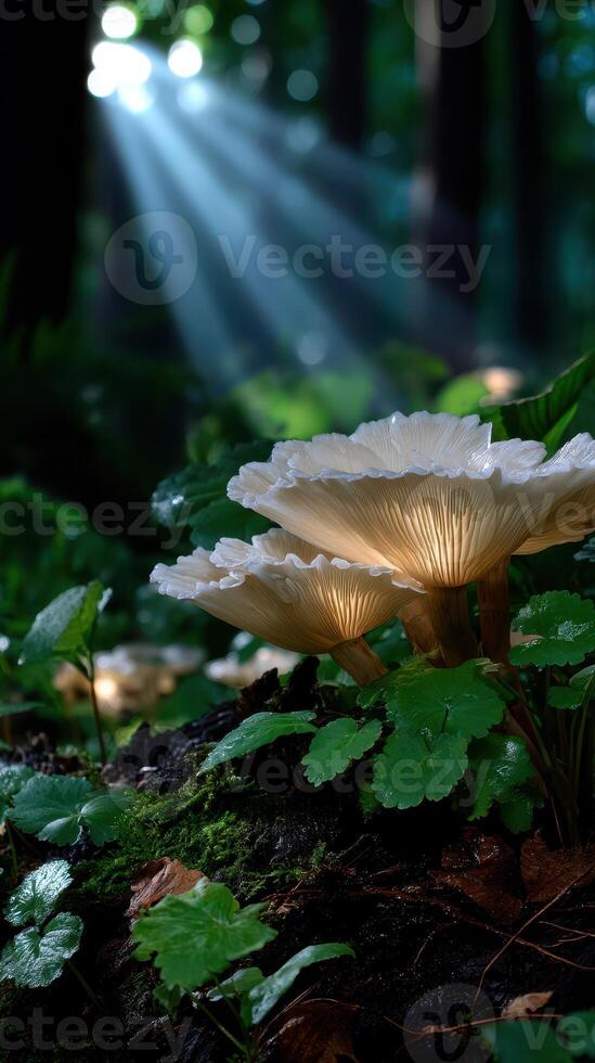 Beautiful mushrooms illuminated by soft sunlight in a tranquil forest setting at dawn photo