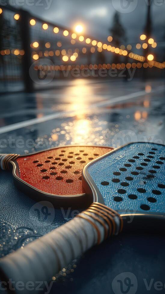 Rainy evening highlights two colorful paddles on a slick court, ambiance set by glowing lights in a vibrant sporting atmosphere photo