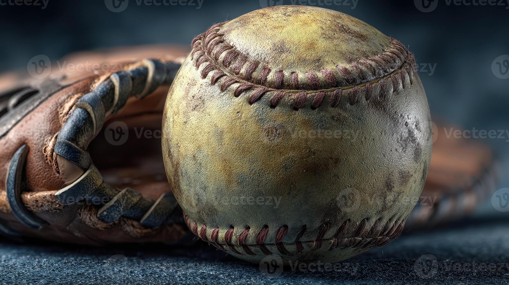 Detailed close-up of a well-worn softball resting beside a leather glove on a textured surface photo