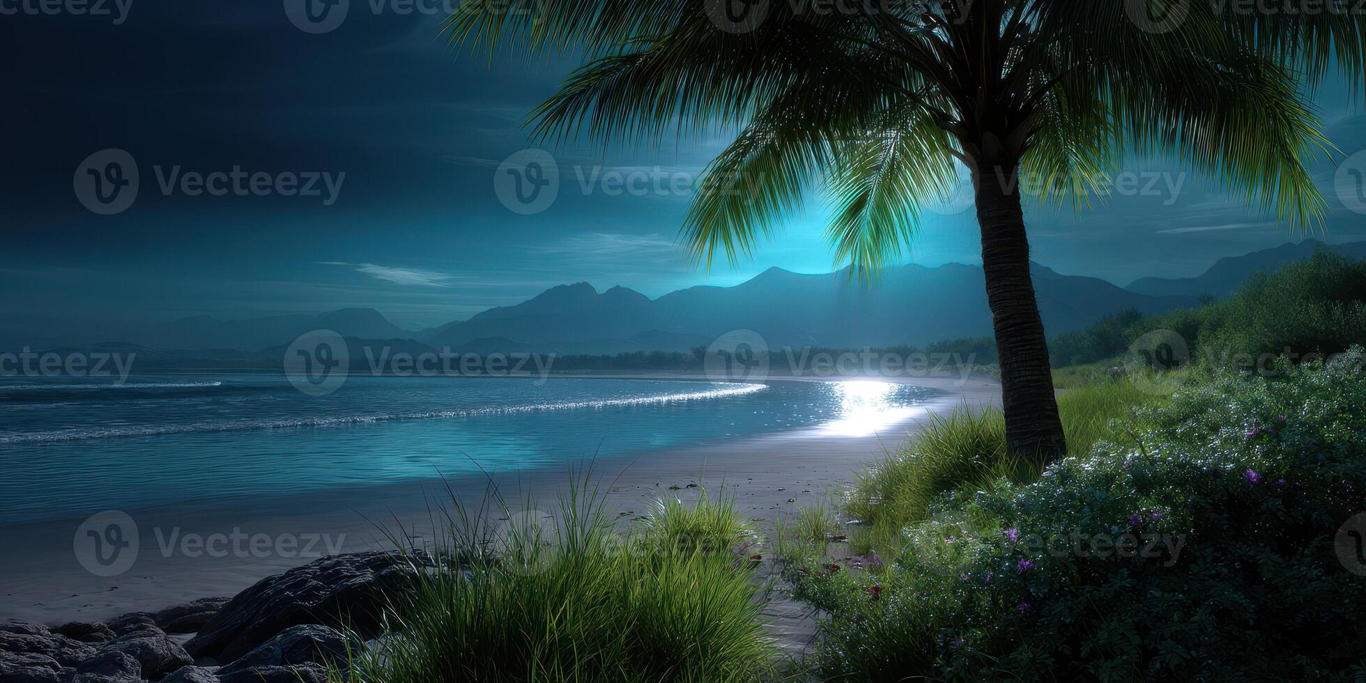 Serene night at a tranquil beach with palm trees and gentle waves under a starry sky photo