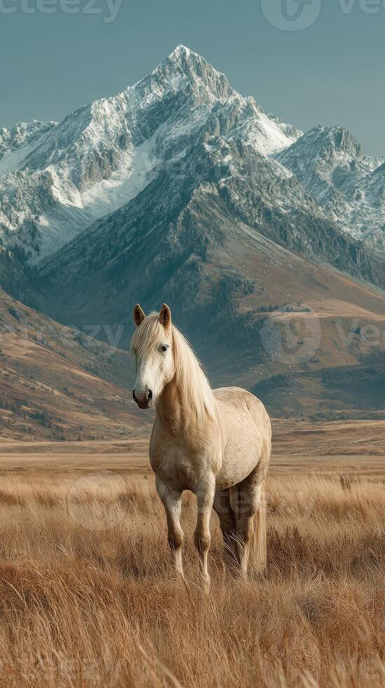 Majestic white horse standing in golden grassland with snow-capped mountains in the background during clear daylight photo