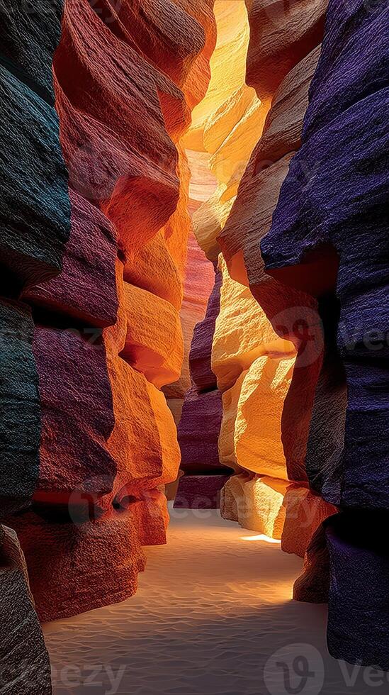 Colorful rock formations illuminate a narrow canyon during golden hour photo