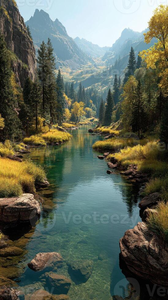 Serene river winding through vibrant autumn landscape at sunrise in a mountainous region photo