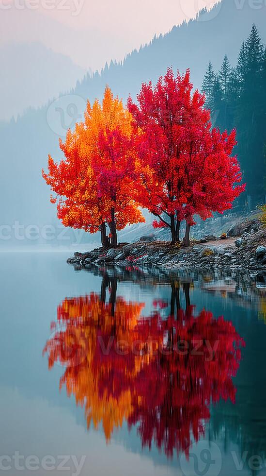 Vibrant autumn trees reflecting on a serene lake in a mountainous landscape during early morning photo