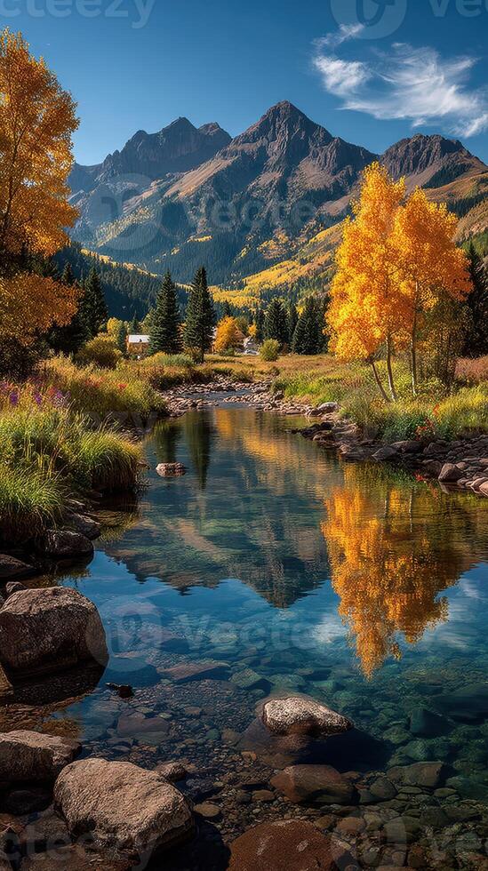 Autumn landscape with vibrant colors reflecting in a tranquil river surrounded by mountains photo