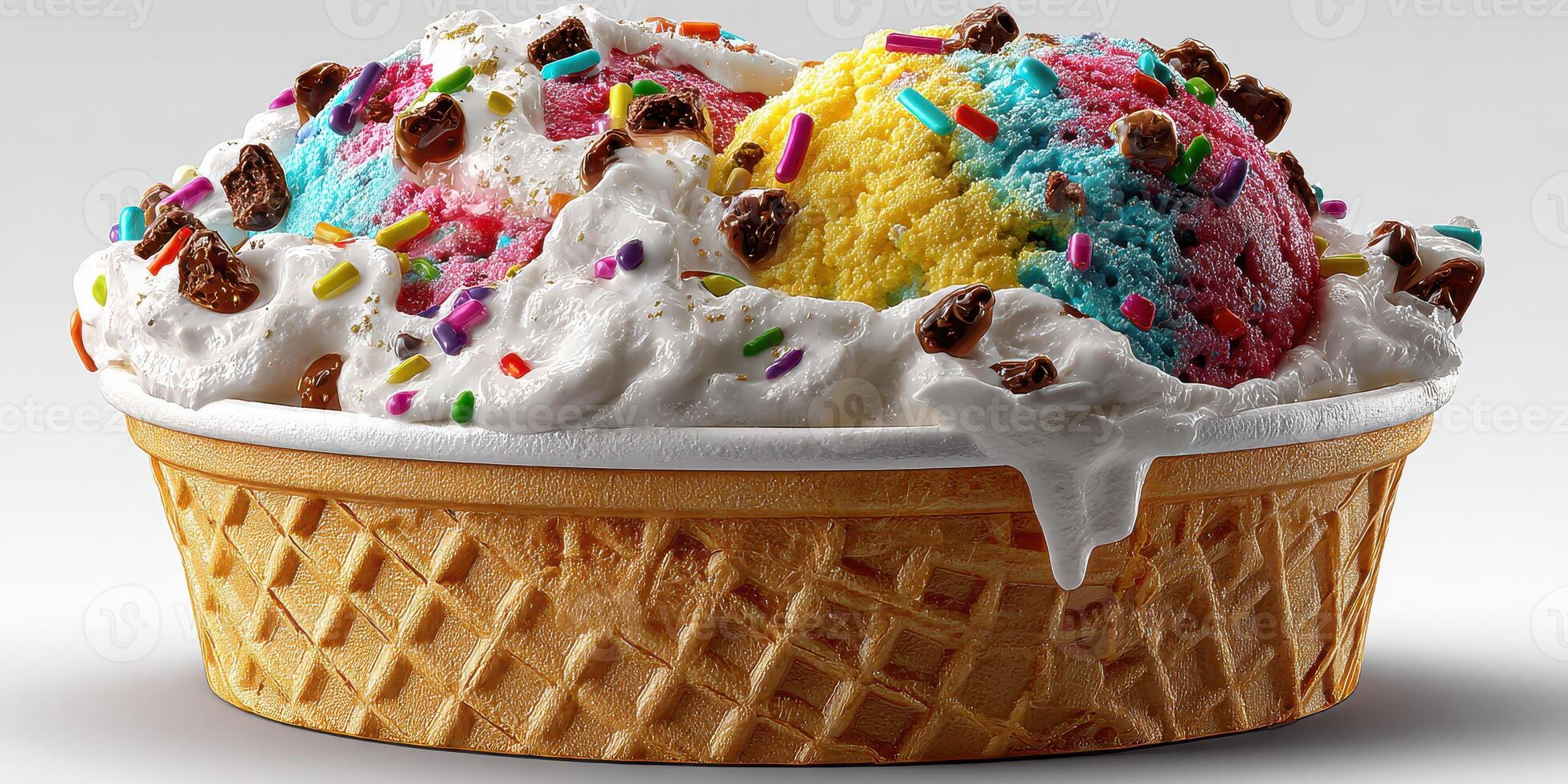 Colorful ice cream sundae served in a waffle cone bowl with whipped cream and toppings during a summer afternoon photo
