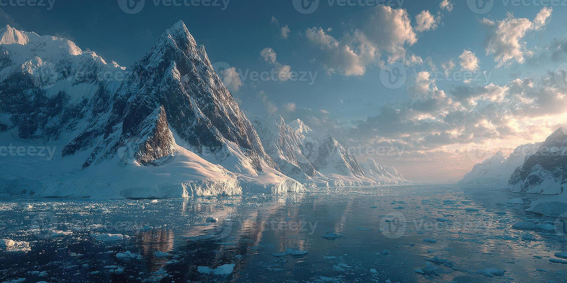 Majestic snow-capped mountains reflect in tranquil waters at dusk in a remote polar region photo