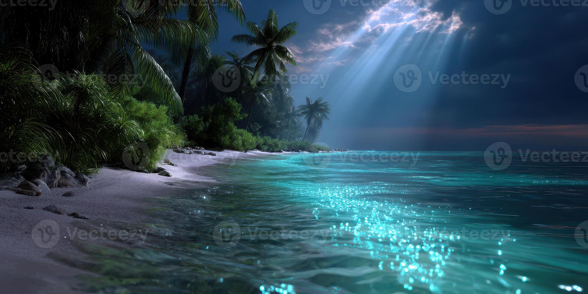 Enchanting coastal landscape with palm trees under twilight sky reflecting on tranquil ocean waters photo