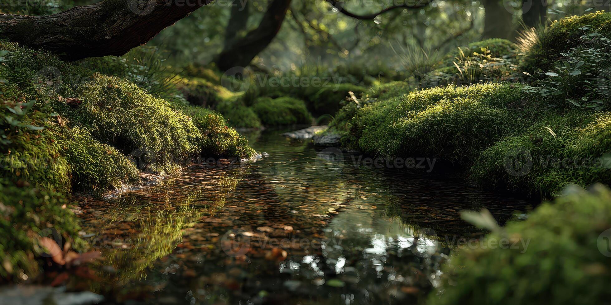 Tranquil forest stream surrounded by lush greenery in a serene natural setting during daylight hours photo