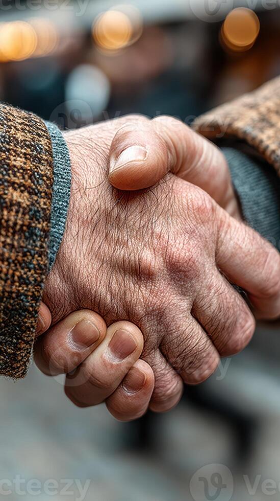 Two hands shaking in a warm gesture of friendship during a casual gathering in a relaxed outdoor setting photo