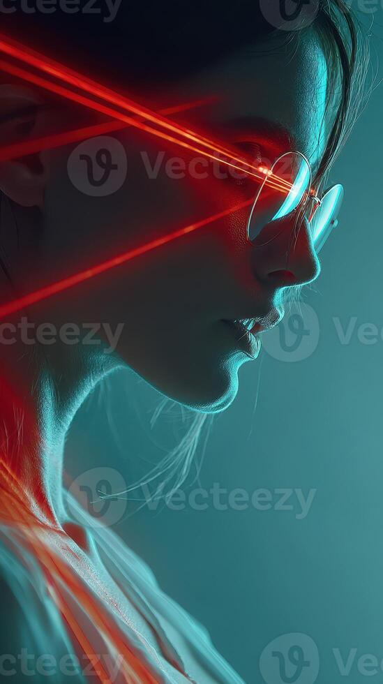 Portrait of a woman with futuristic sunglasses illuminated by vibrant red and blue laser lights in a studio setting photo