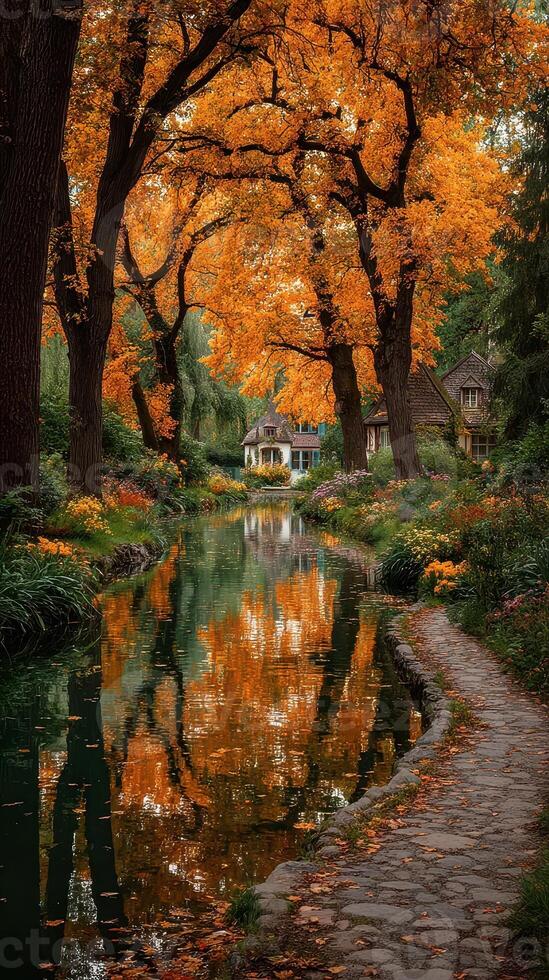 Autumn colors reflect in tranquil canal surrounded by vibrant trees and charming cottage in serene setting photo