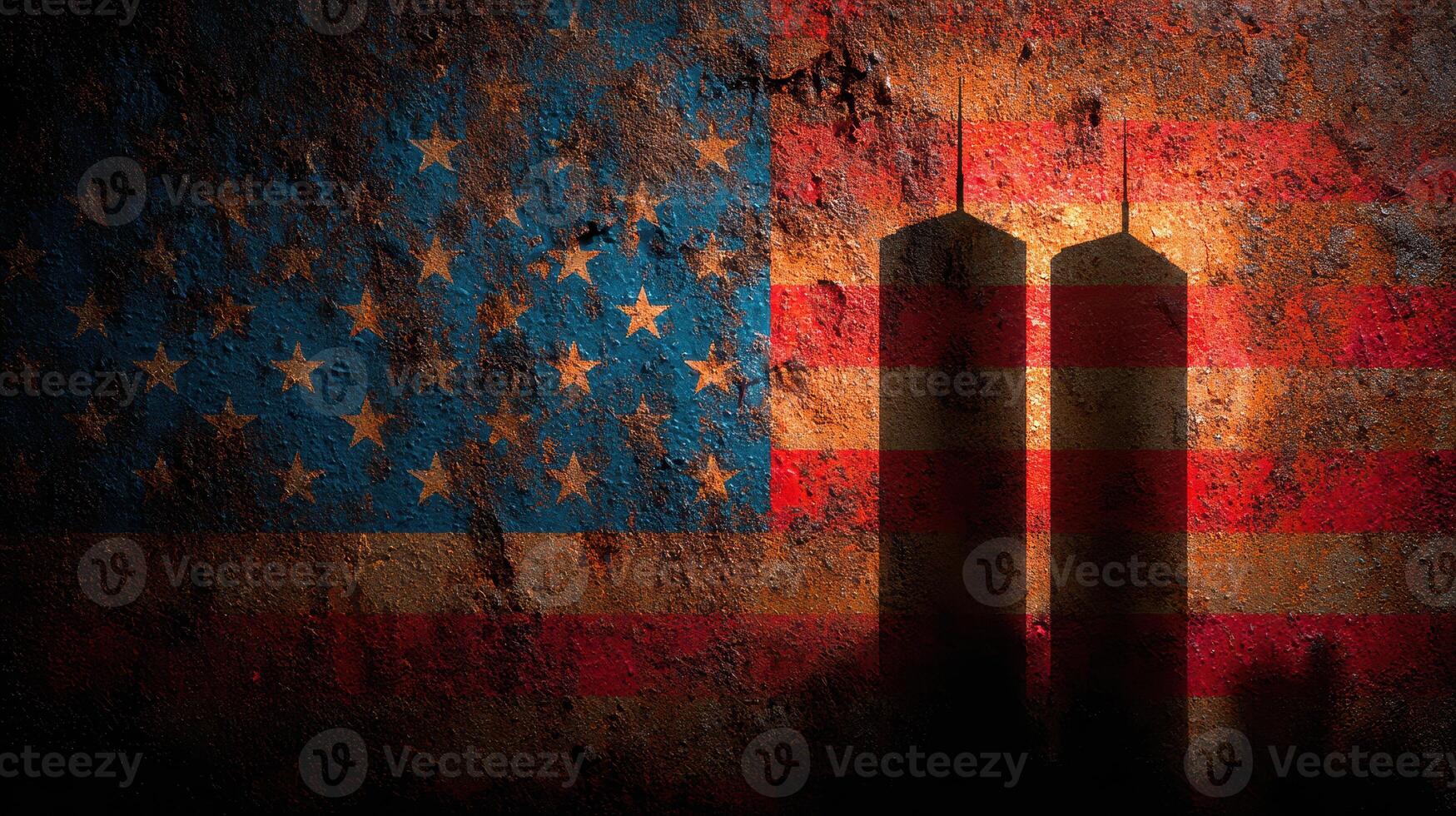 Memorial tribute honoring resilience and history with shadows of twin towers against an American flag backdrop photo