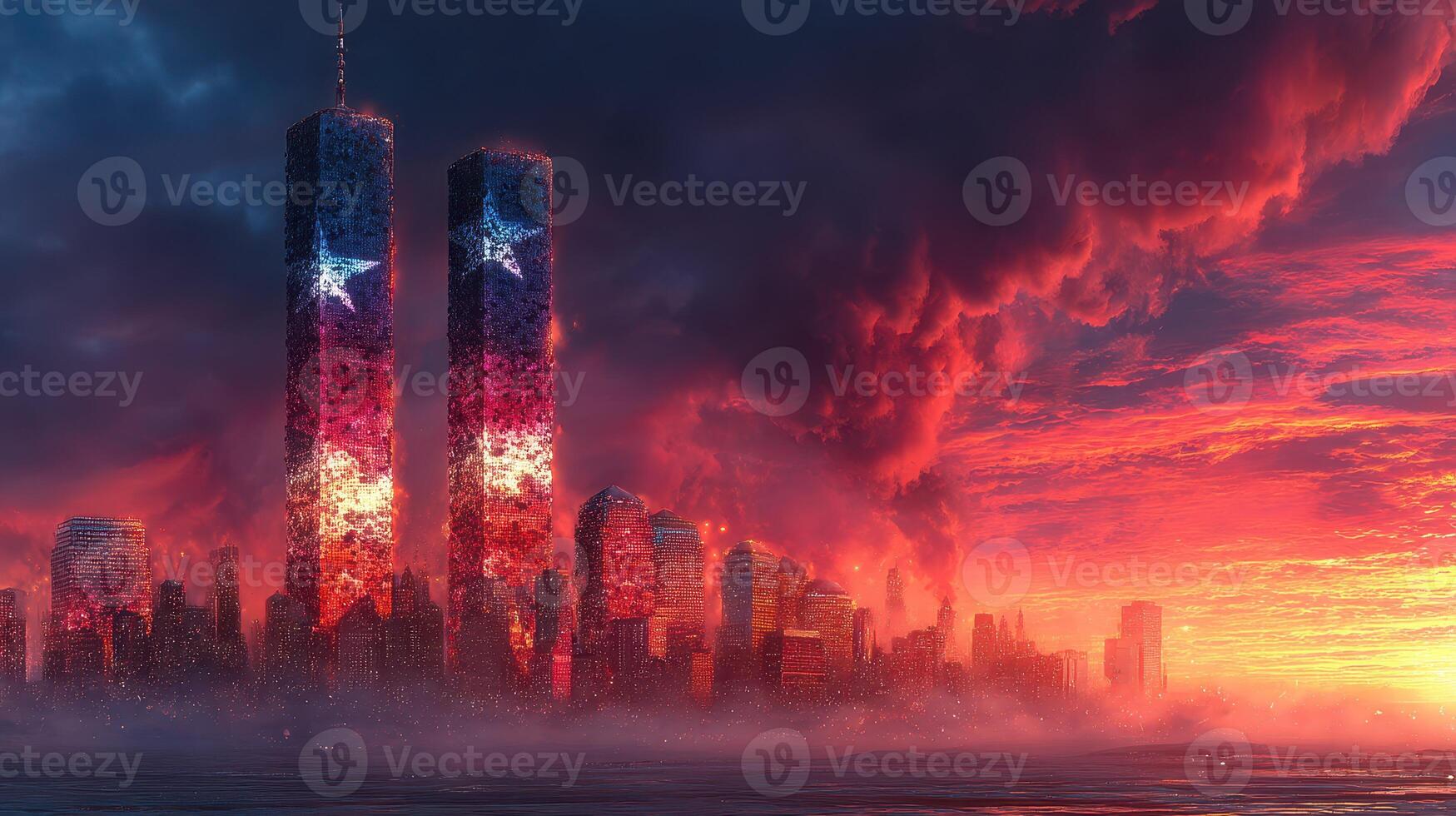 Twilight skyline with towering buildings and dramatic clouds over a cityscape illuminated by sunset colors photo