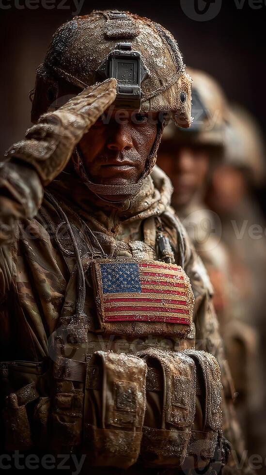 Soldiers salute during a ceremonial event in a dusty environment at sunset, showcasing dedication and patriotism with an American flag patch photo