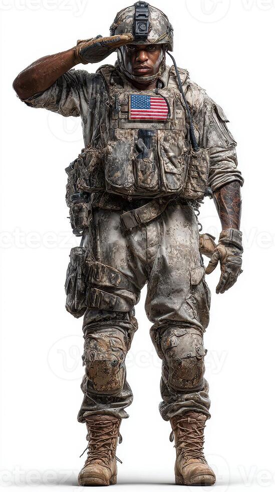 Soldier in tactical gear saluting with pride during a ceremonial event in a military setting photo