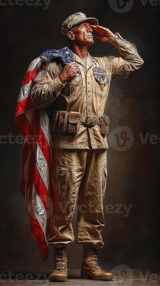 Soldier salutes while holding American flag in a studio setting during a patriotic tribute photo