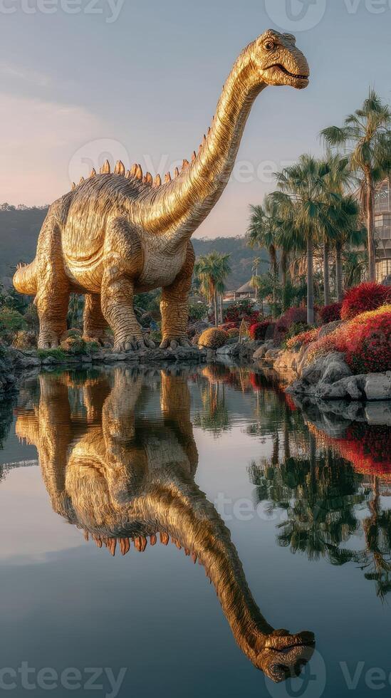 Massive golden dinosaur statue reflects in calm water surrounded by nature in a beautiful outdoor setting photo