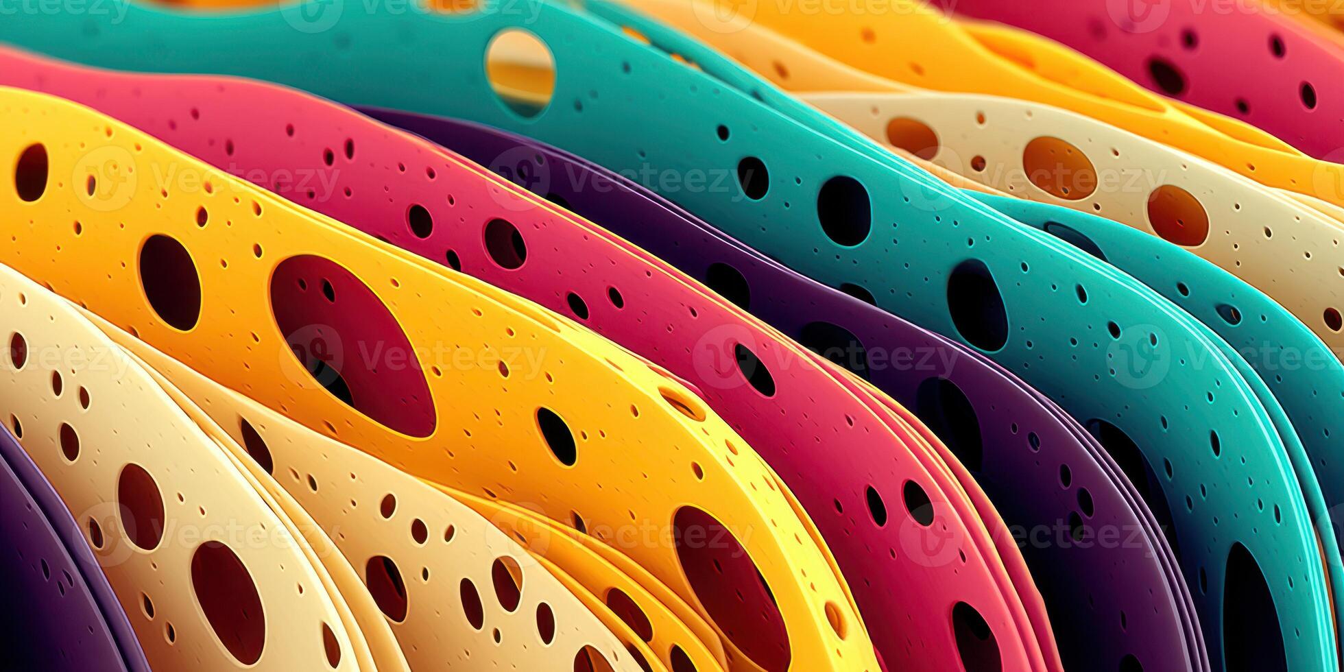 Colorful layers of perforated paper displaying various vibrant hues and designs in a creative workspace photo