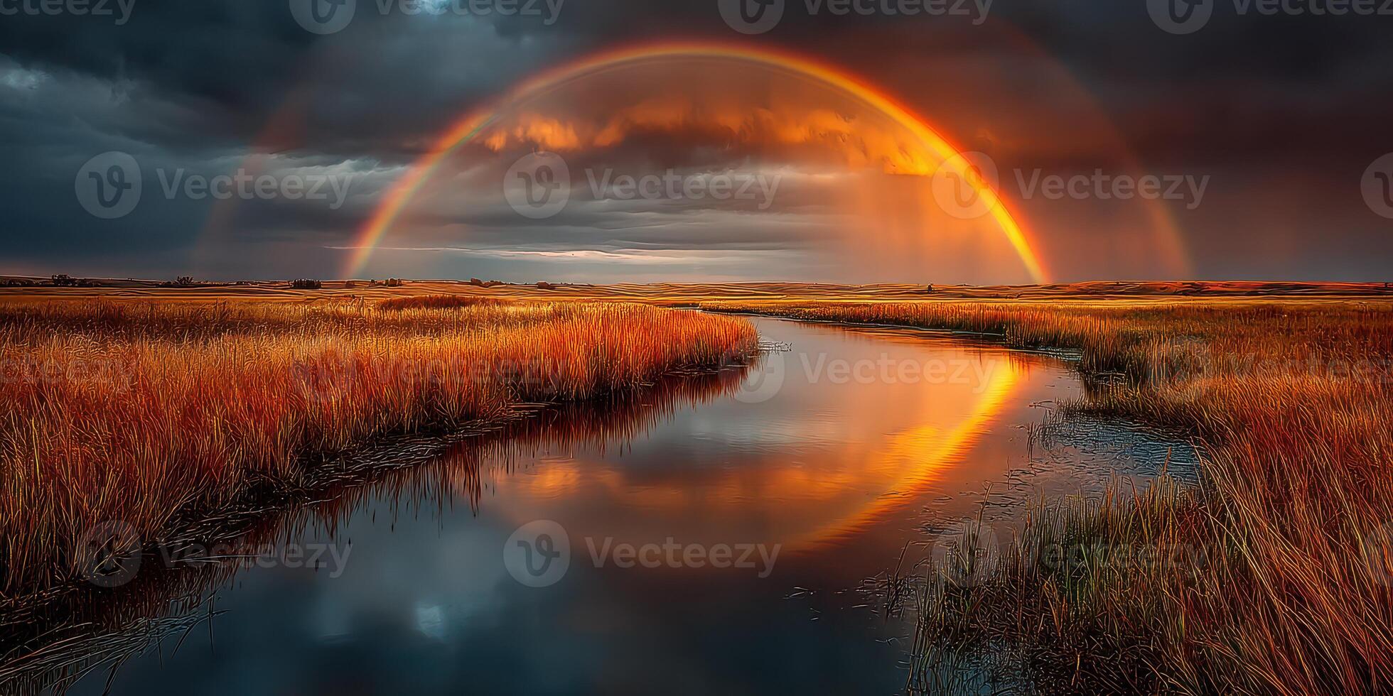 Vibrant rainbow over a calm river in a marsh landscape during sunset with dramatic clouds photo