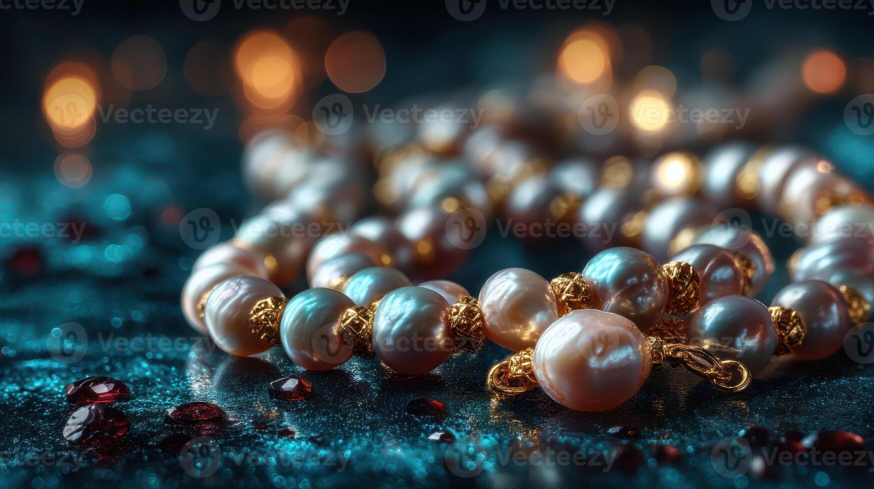 Elegant pearl necklace with gold accents displayed against a dreamy blue background and soft bokeh lighting showcasing luxury and beauty photo