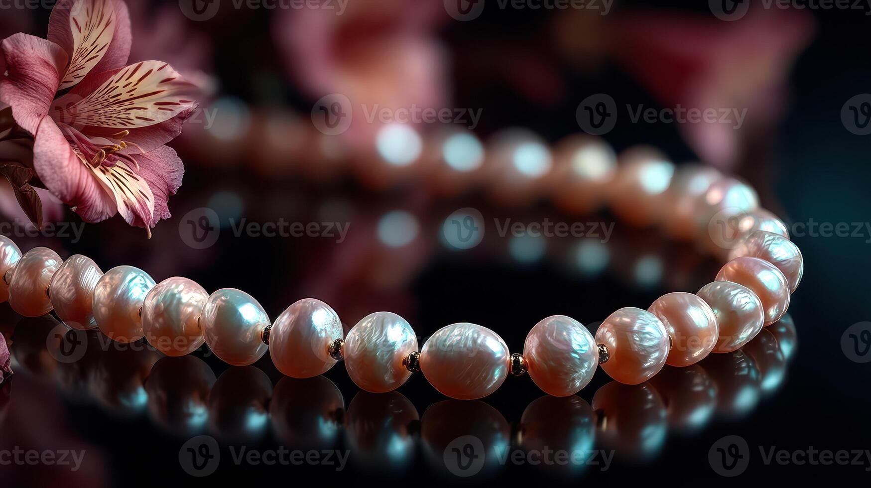 Elegant handmade pearl necklace displayed with flowers and soft lighting in a serene environment photo