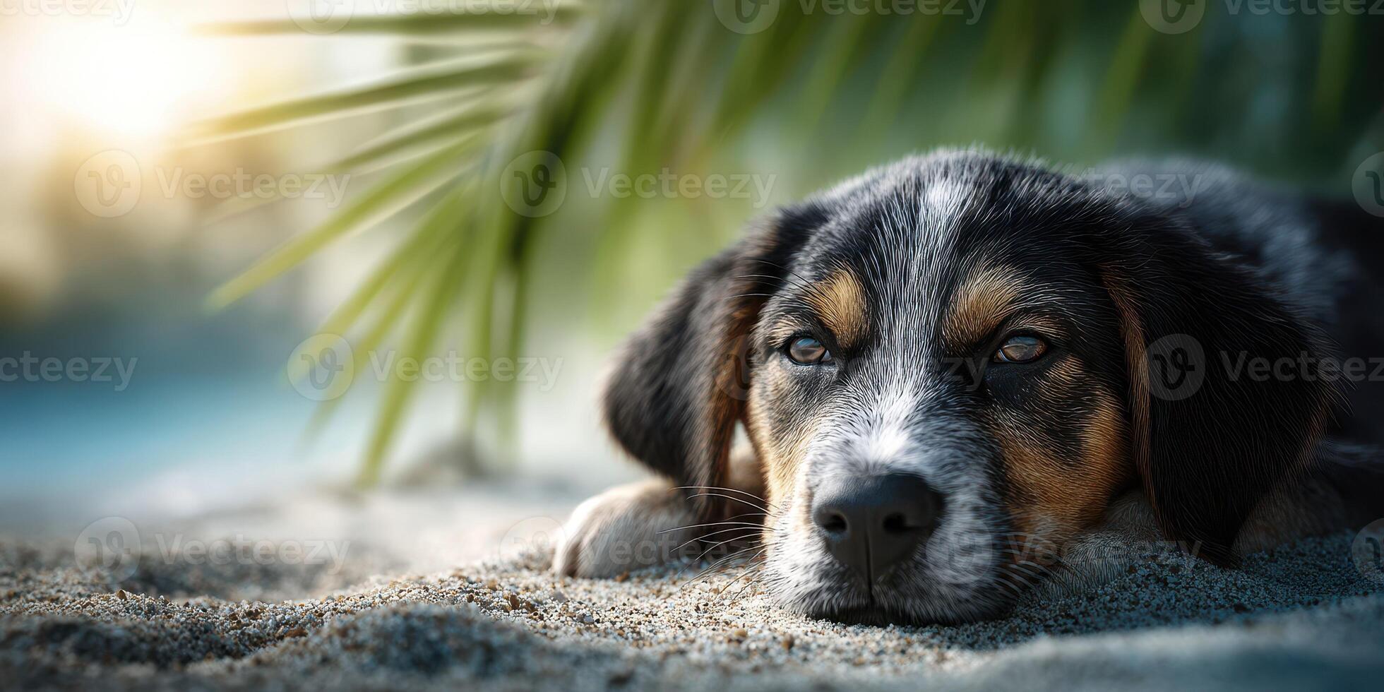 Relaxing puppy resting on sandy beach under palm leaves during golden hour light photo