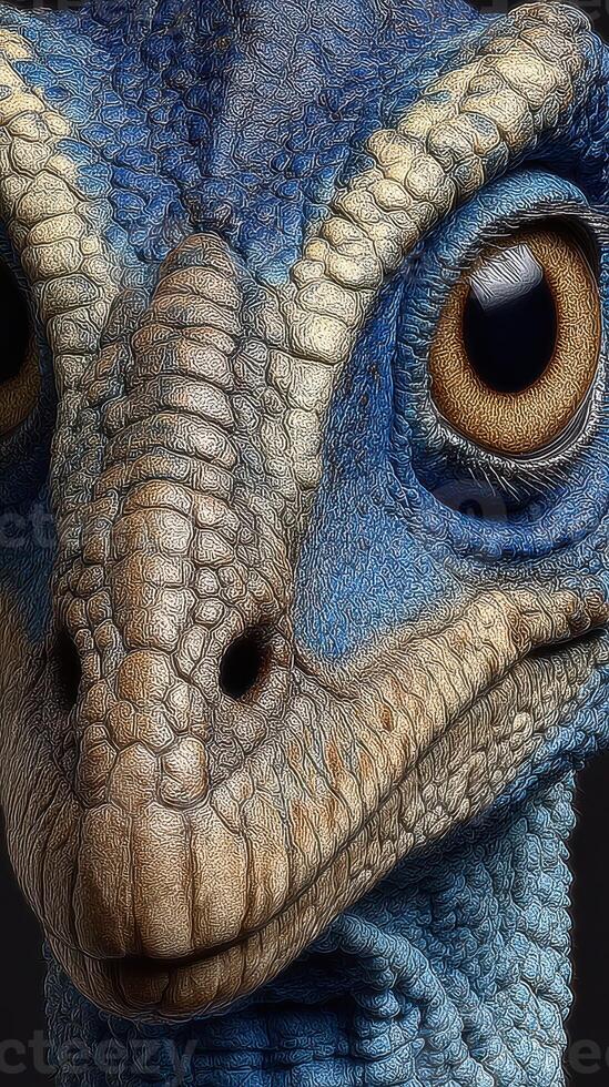 Close-up of a vibrant blue dinosaur character with prominent eyes and detailed textures captured in a studio setting photo