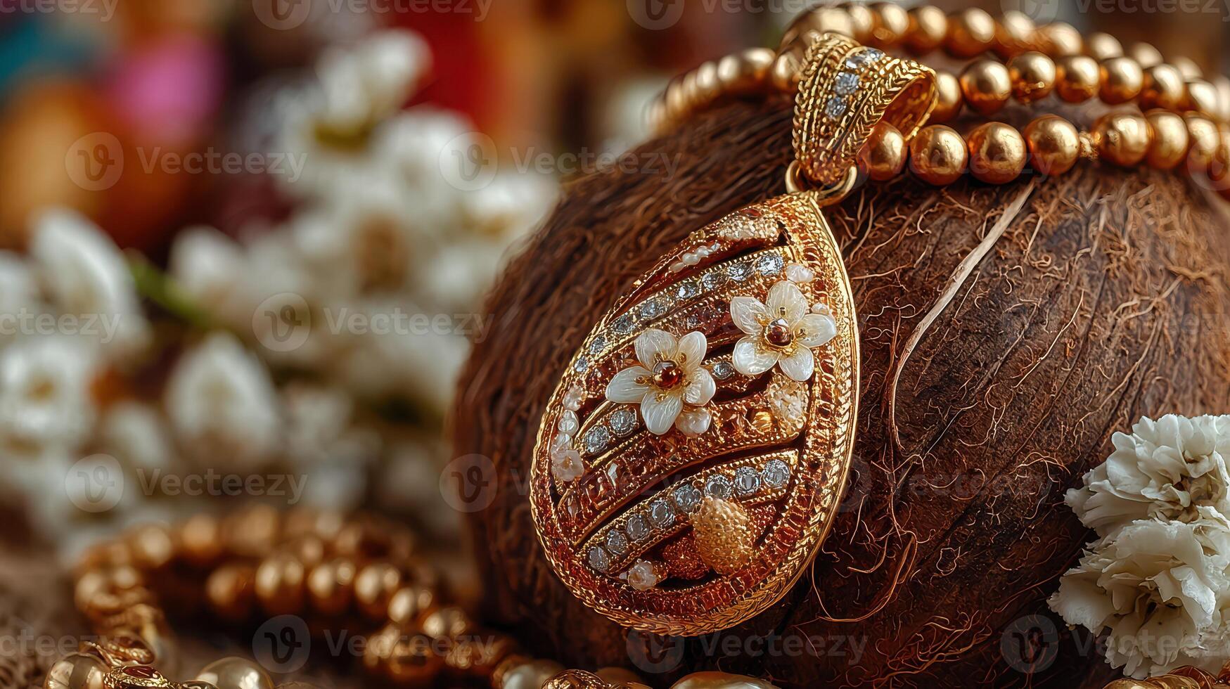 Intricately designed gold jewelry featuring flowers displayed on a textured background with delicate accessories photo