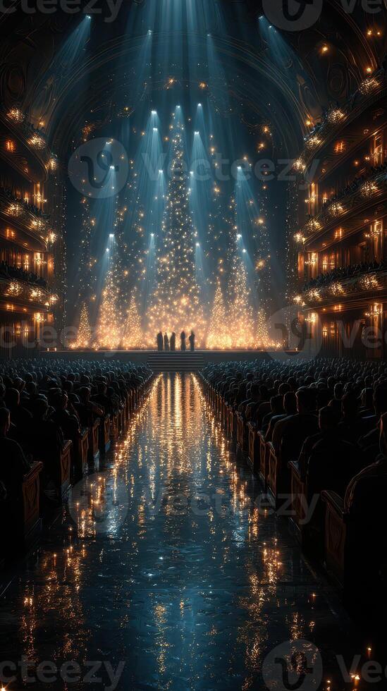 Grand performance at a historic theater with dazzling lights and an engaged audience on an elegant evening photo