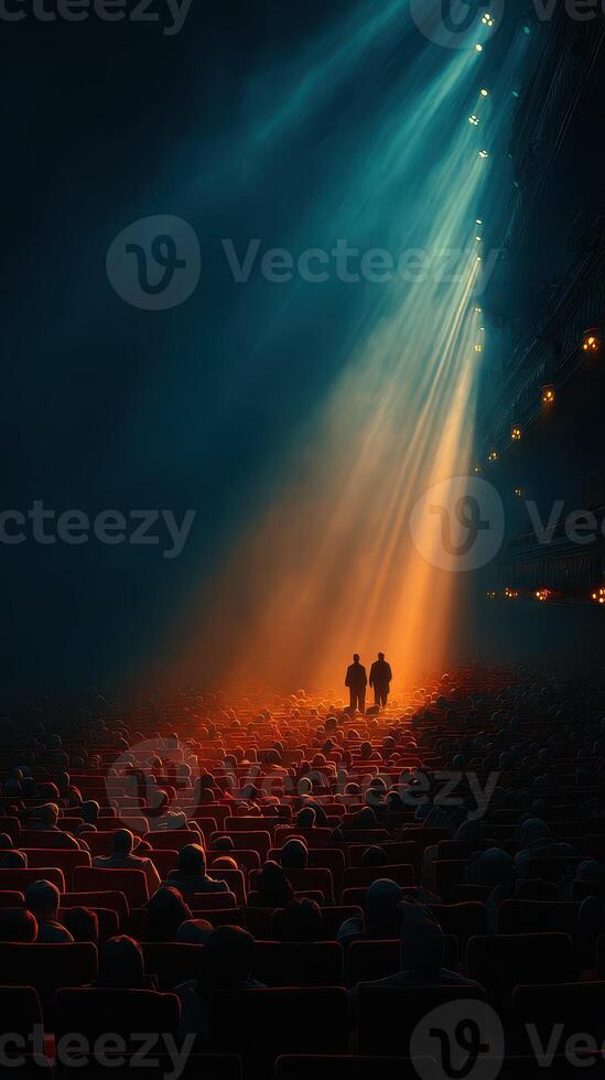 Crowd gathers in a theater as two figures walk toward vibrant light during a performance photo