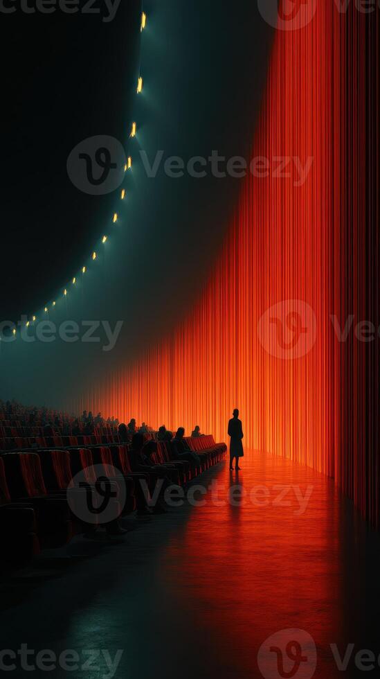 Dramatic performance space with vibrant red curtains and a lone figure in silhouette during an evening event photo