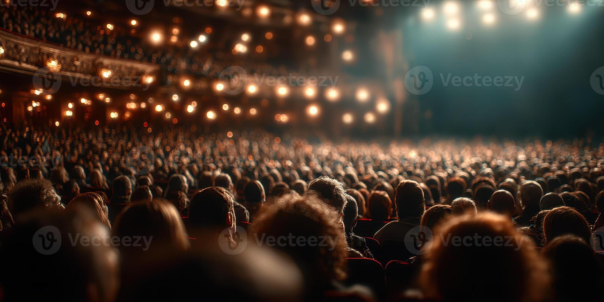 Crowd enjoying a live performance in a grand theater filled with warm lights and a captivating atmosphere photo