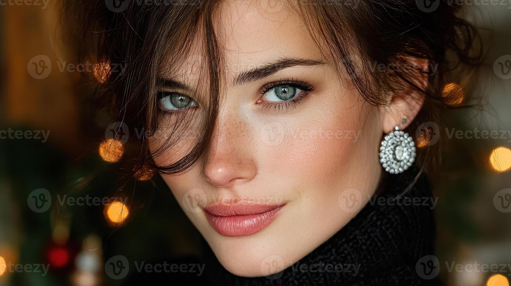 Woman with striking blue eyes and elegant earrings poses with a soft smile in a cozy holiday setting during winter evenings photo