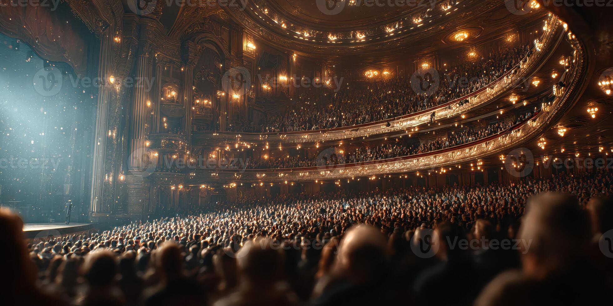 Crowded theater audience captivated by performance in a grand historic venue during evening show photo