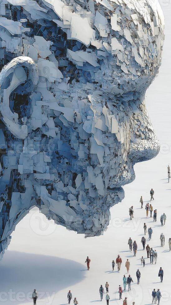 Unique sculpture of a giant head surrounded by small human figures in a surreal landscape during daylight photo