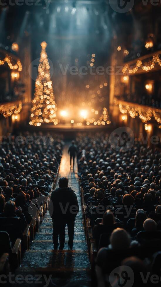 Crowd gathered in a theater for a holiday performance under festive lights and decorations photo