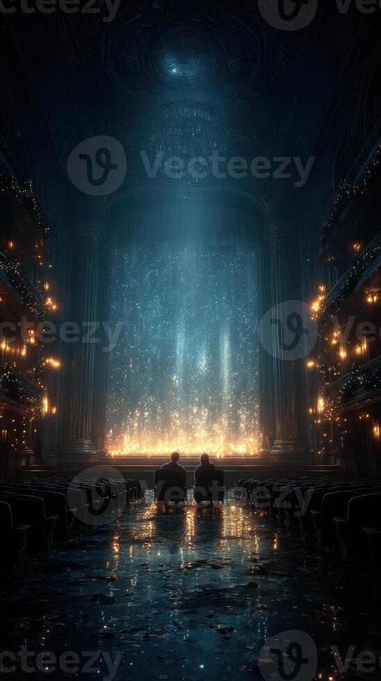 Two figures watch a captivating light display in an elegant, dimly lit theater at night photo