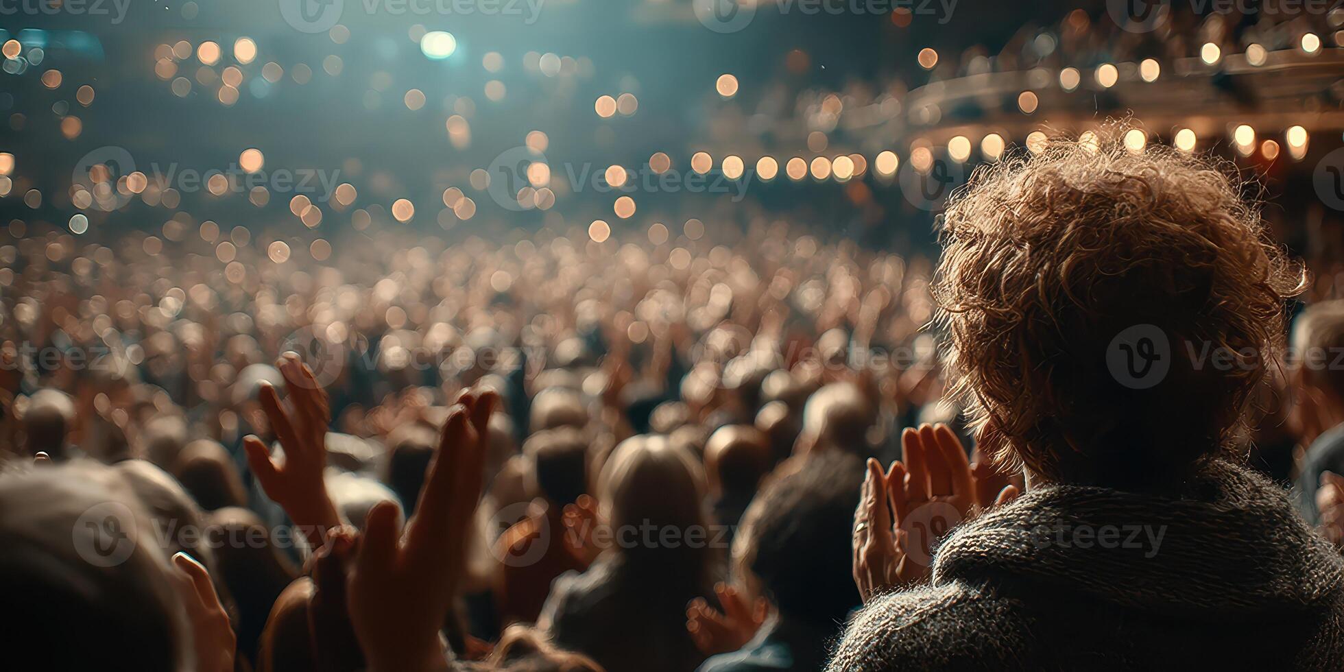 Audience at a live concert passionately applauding the performers on stage during a vibrant evening show in a packed theater photo