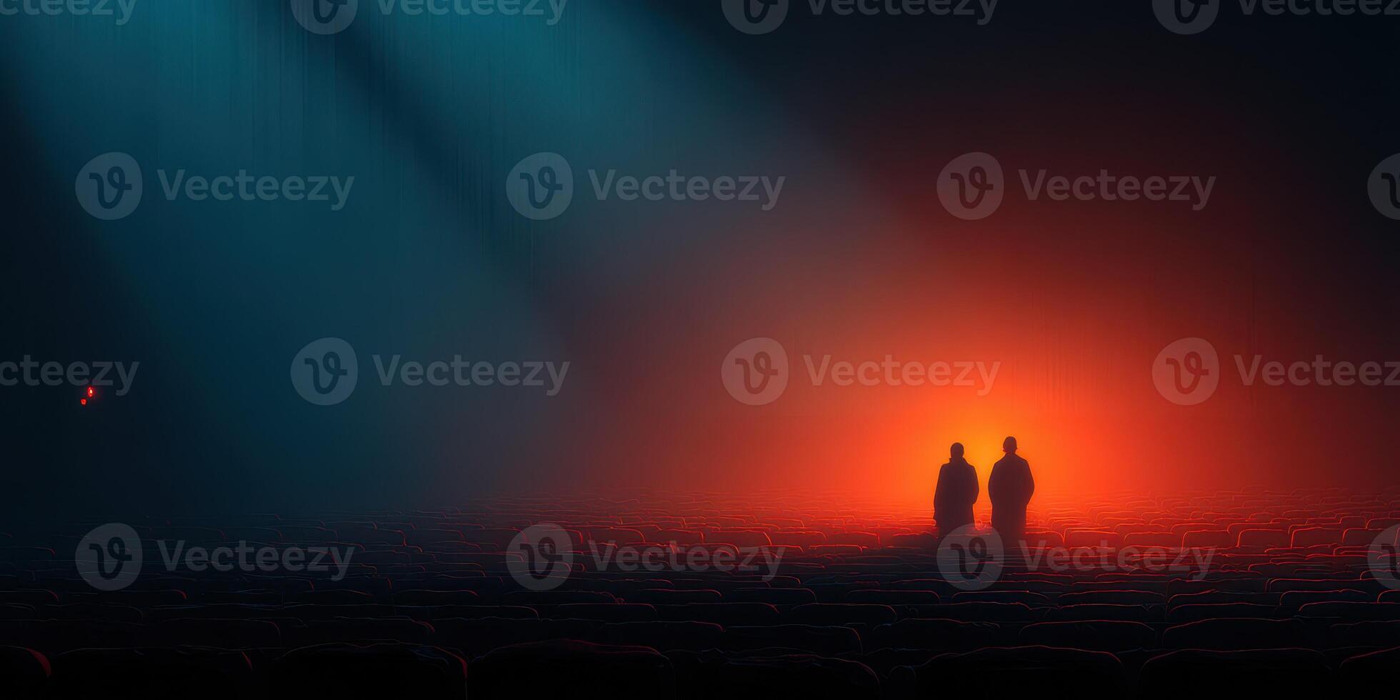 Two figures standing in a dark theater, illuminated by vibrant lights, creating a captivating contrast around them photo