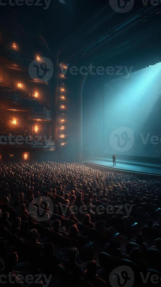 Audience captivated by performer on stage in historic theater during evening performance photo
