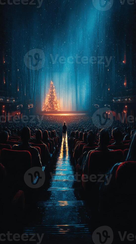 Audience gathers in a theater illuminated by a Christmas tree and dramatic blue light during a winter night event photo