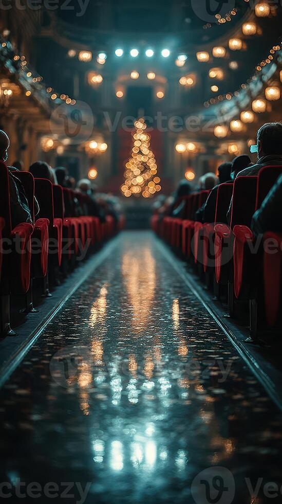 Audience prepares for winter performance in decorated theater with holiday lights and a glowing tree photo