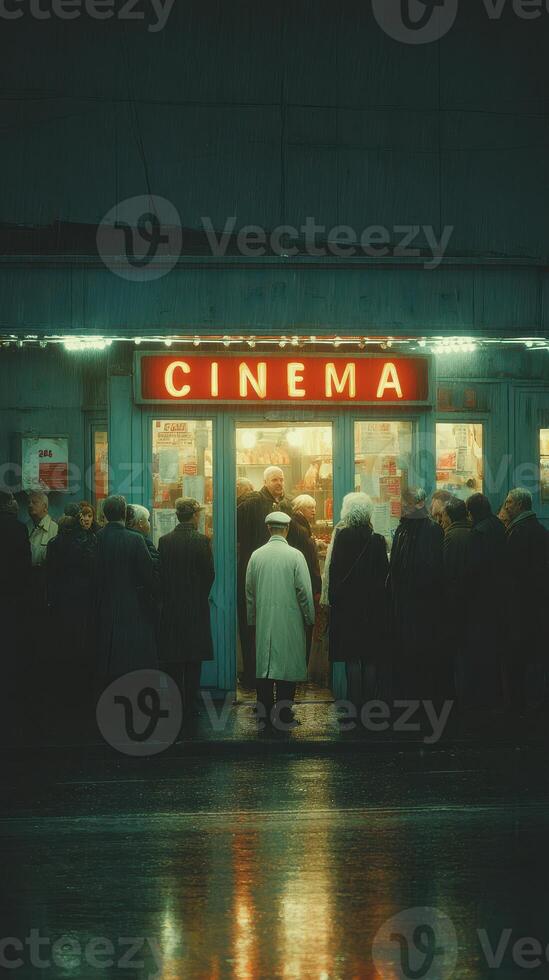 Crowd gathers outside cinema in a rainy evening in a city known for its vibrant nightlife photo